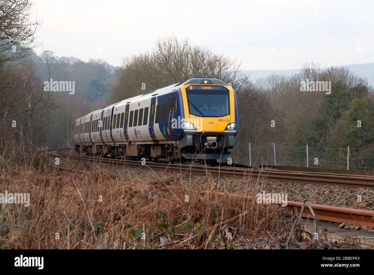 Northern Rail class 195 diesel multiple unit on the Caldervale Line, Luddenden Foot, West Yorkshire Stock Photo