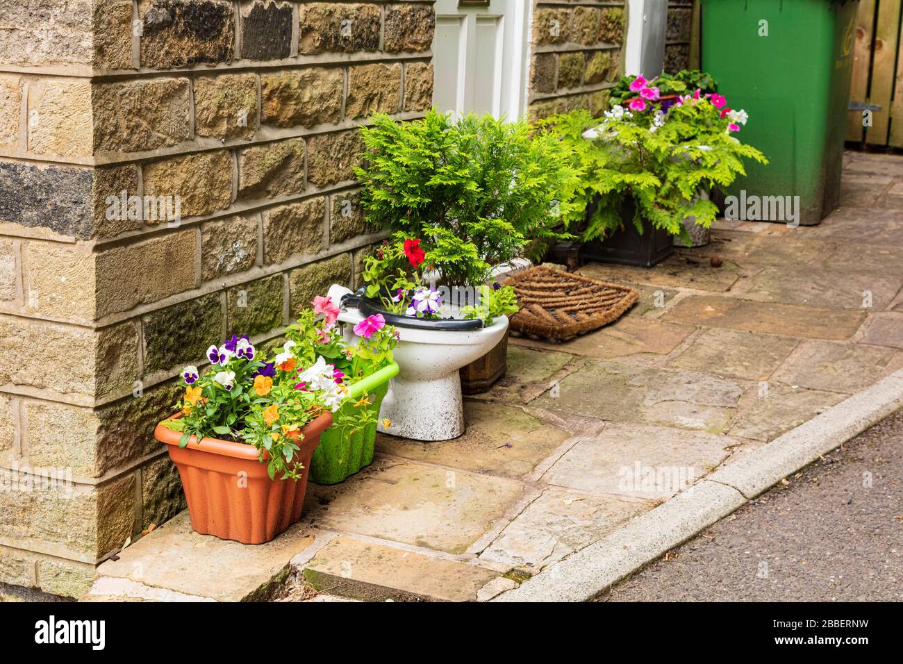 Colourful display of plants on a doorstep in the lanes above Holmfirth ...