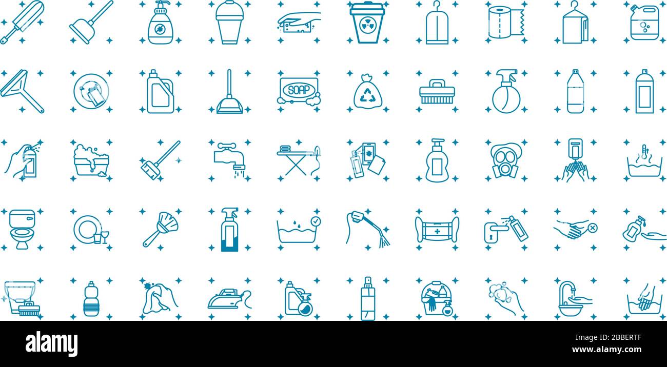 cleaning tools icon set over white background, line style, vector ...