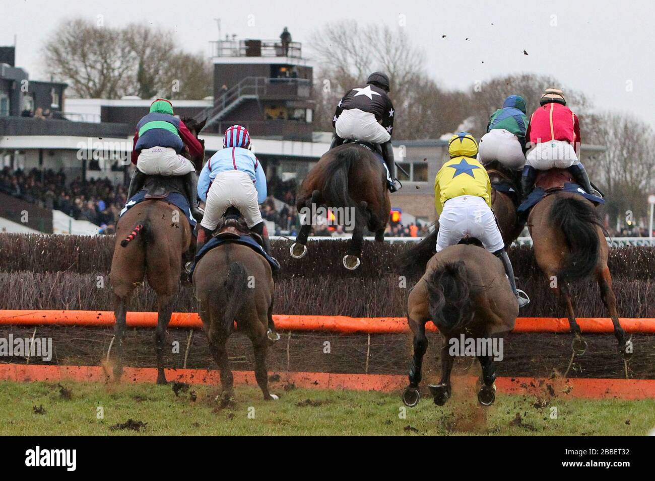 The field takes the first fence in the CGA Foxhunter Trial Hunters Chase Stock Photo