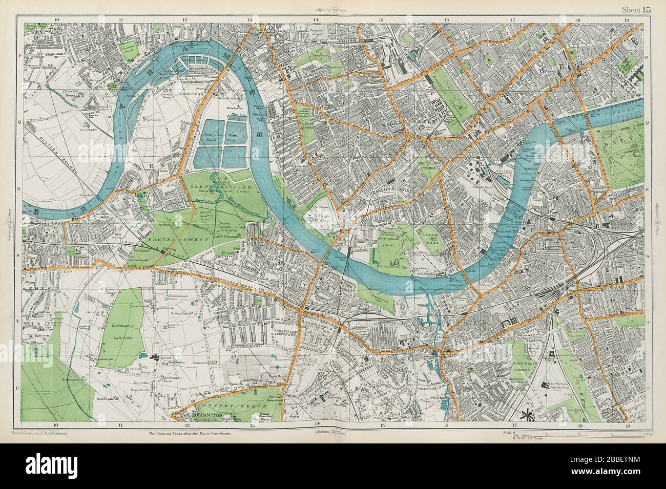LONDON Chiswick Barnes Fulham Chelsea Putney Wandsworth Clapham. BACON  1913 map Stock Photo