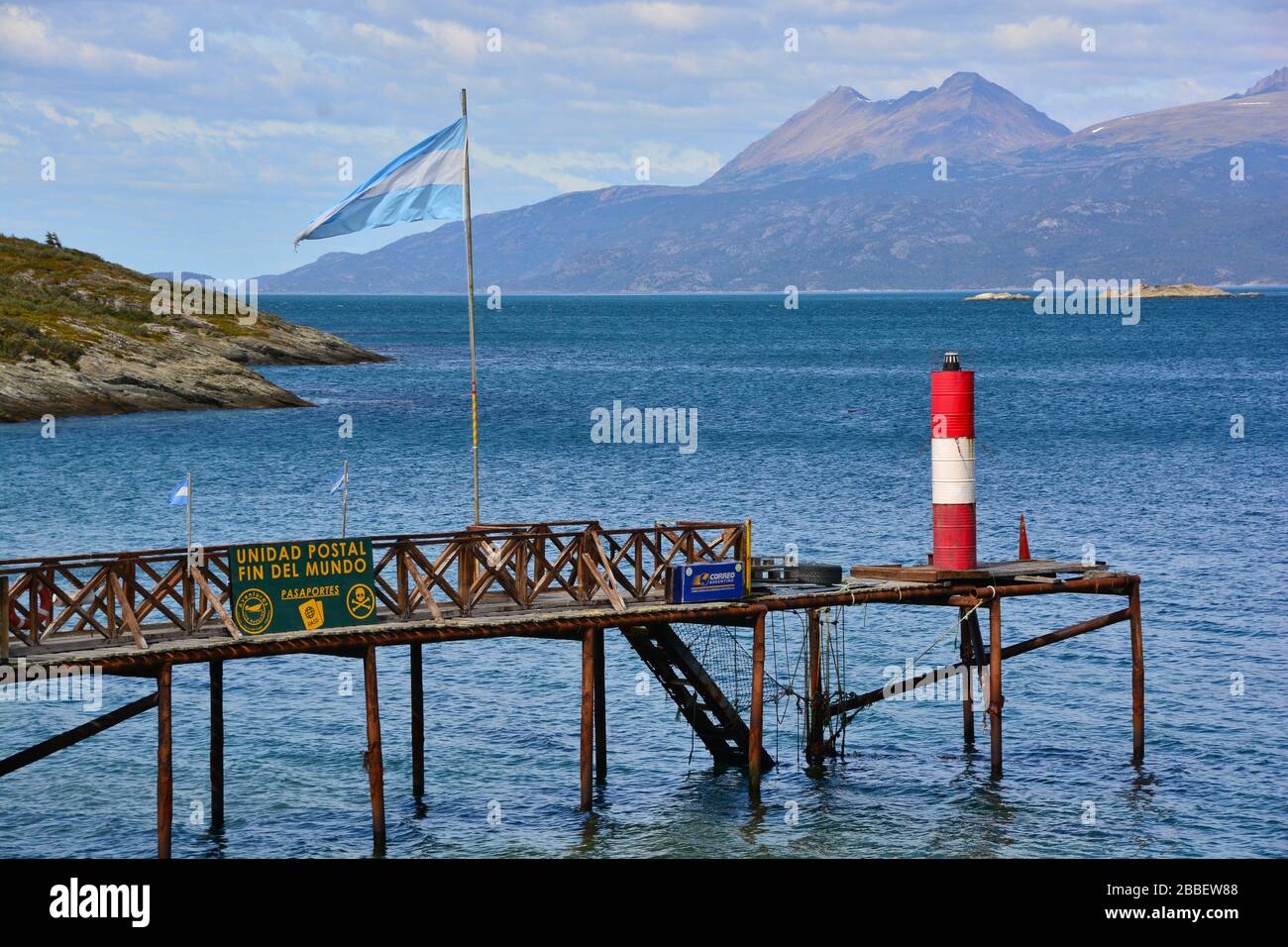 Ushuaia, Argentina: Small dock of the Post Office at the end of the Pan American Highway in Tierra del Fuego National close to Ushuaia Stock Photo