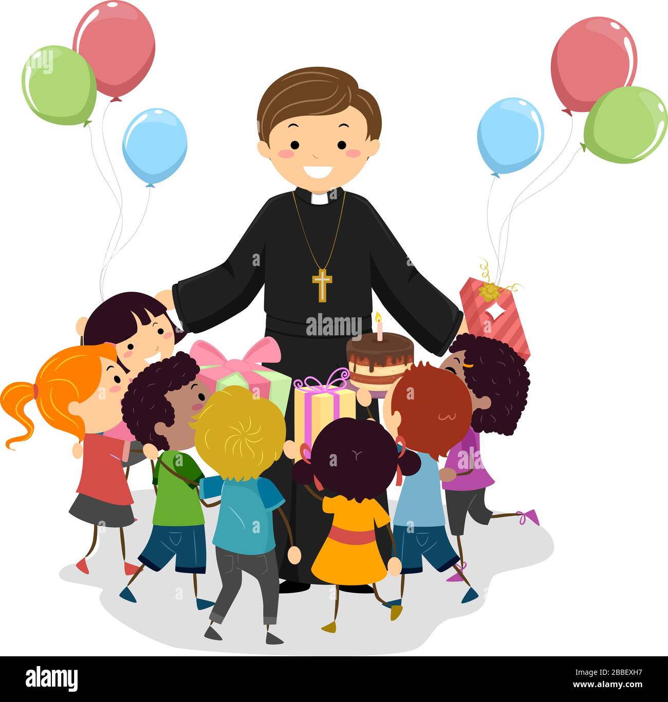 Illustration of Stickman Kids Giving Gifts to a Priest with Balloons, a  Cake and Other Gifts Stock Photo - Alamy
