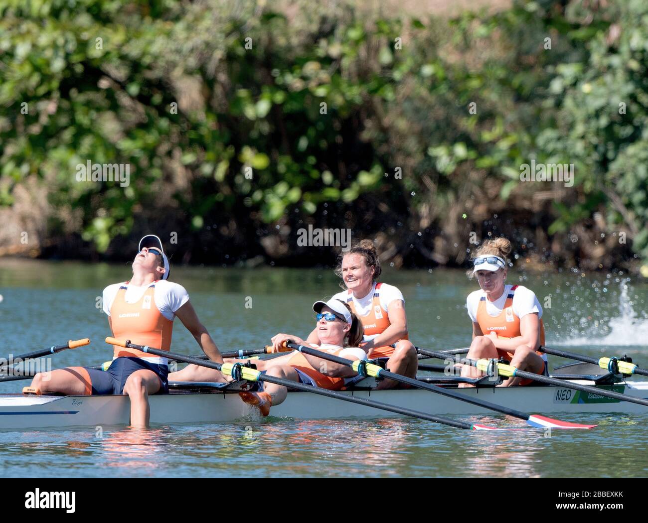 Rio de Janeiro. BRAZIL.Silver Medalist.   NED  W4X. Bow.  Chantal ACHTERBERG, Nicole BEUKERS,  Inge JANSSEN and Carline BOUW,  2016 Olympic Rowing Regatta. Lagoa Stadium, Copacabana,  “Olympic Summer Games” Rodrigo de Freitas Lagoon, Lagoa. Local Time 10:32:00  Thursday  11/08/2016  [Mandatory Credit; Peter SPURRIER/Intersport Images] Stock Photo