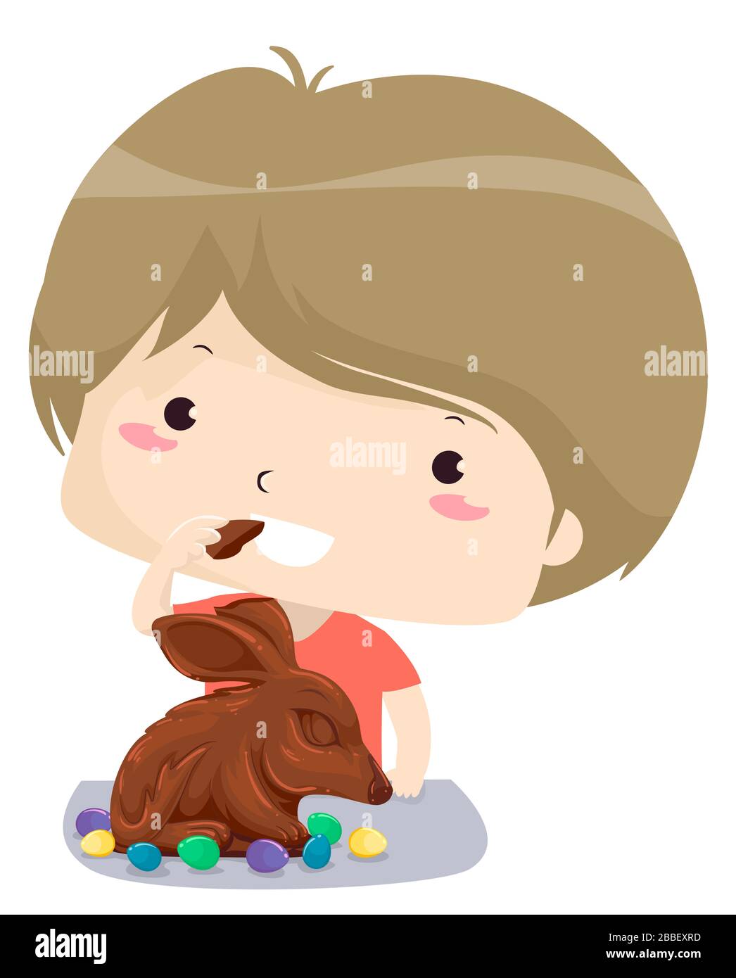 Illustration of a Kid Boy Eating an Easter Bunny Chocolate with Small Eggs Stock Photo