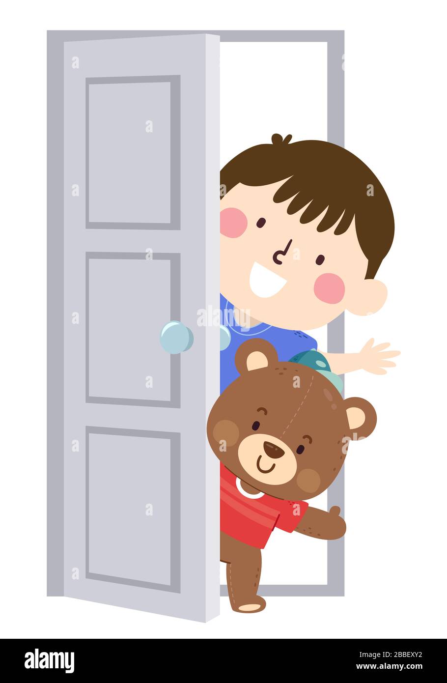 Cute bear toy in blue t-shirt is waving hand Vector Image