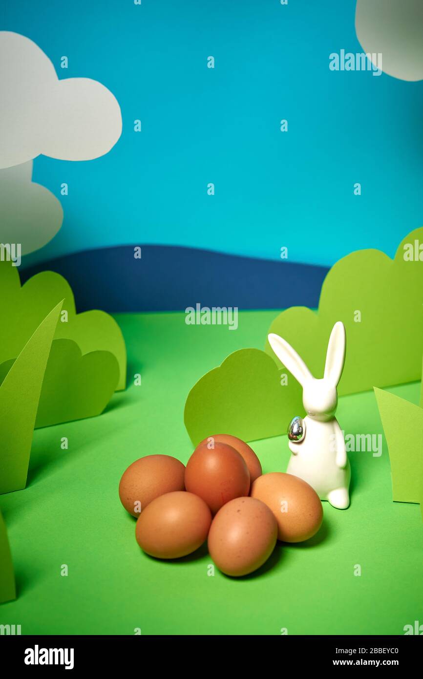 beautiful green spring background with easter rabbits Stock Photo