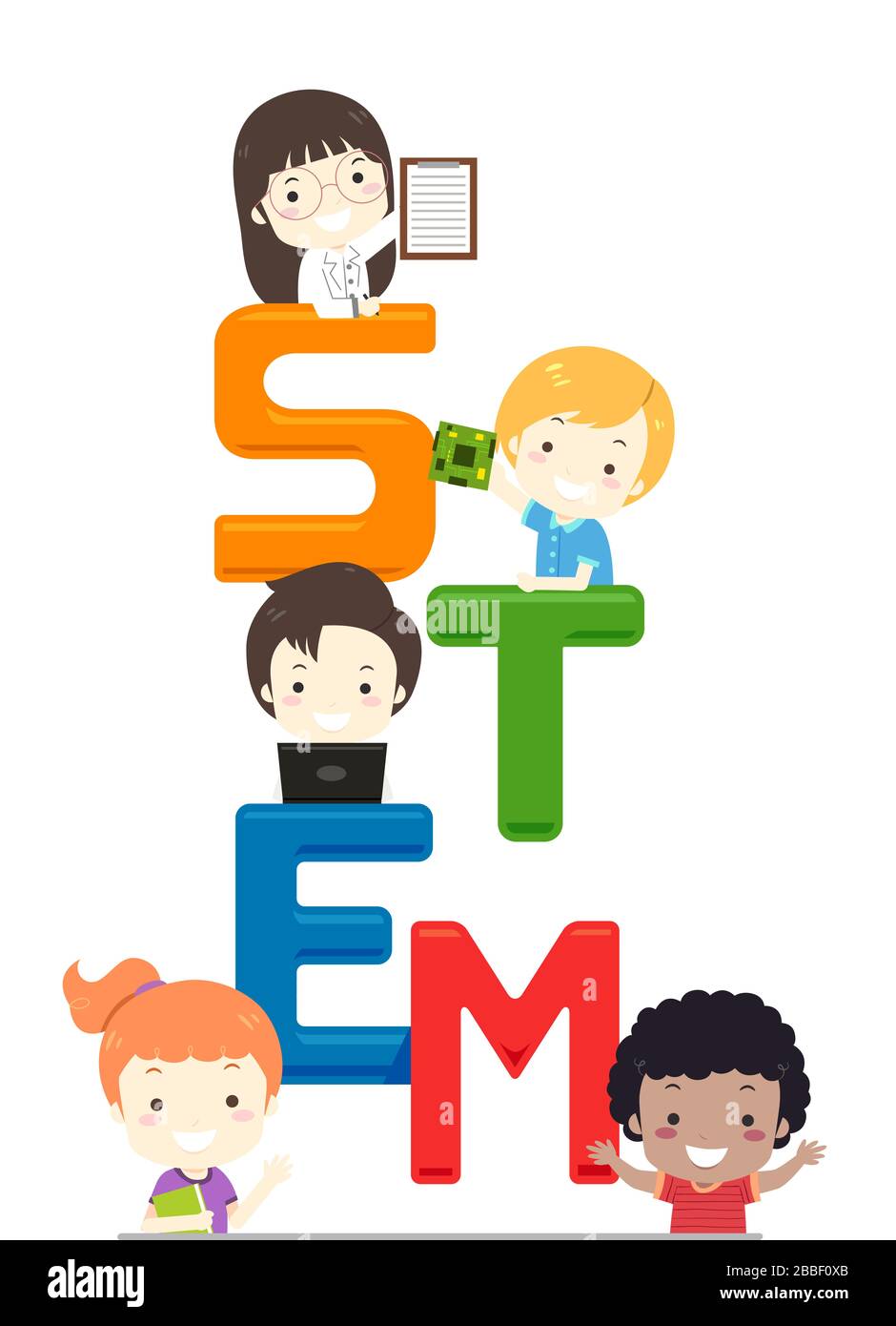 Illustration of Kids with Clipboard, Computer Chip, Laptop, Book and