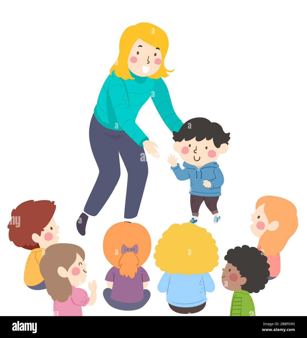 Illustration of a Teacher Girl Introducing a New Student, Kid Boy to the Rest of the Class Stock Photo