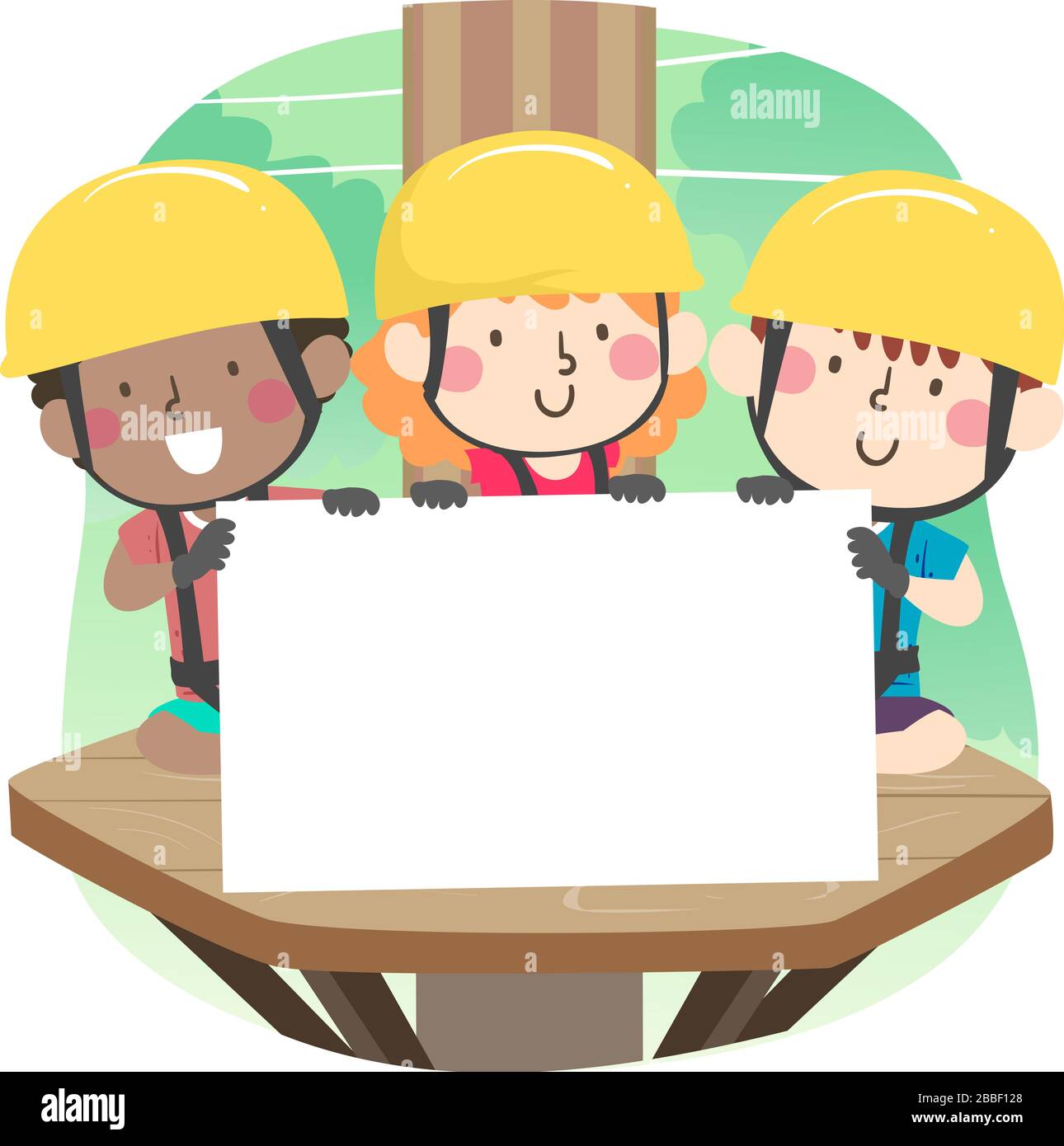 Illustration of Kids Wearing Helmet, Gloves and Harness, Sitting on a Tree Platform and Holding a Board Stock Photo