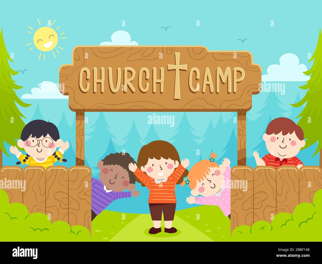Illustration of Kids Waving from Inside a Church Camp Stock Photo Alamy