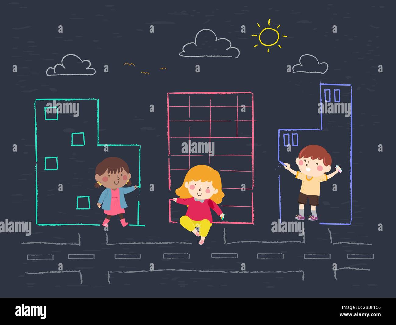 Illustration of Kids Holding Chalks and Drawing Big Buildings with Clouds, Birds, Road and the Sun Stock Photo