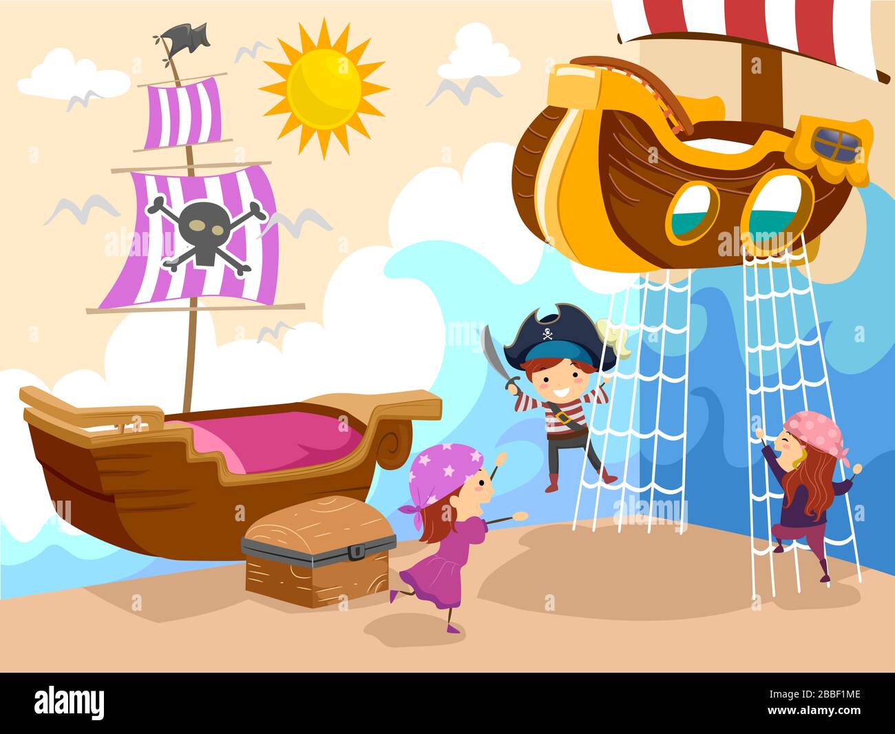 Illustration of Stickman Kids Playing Inside a Pirate Theme Bedroom
