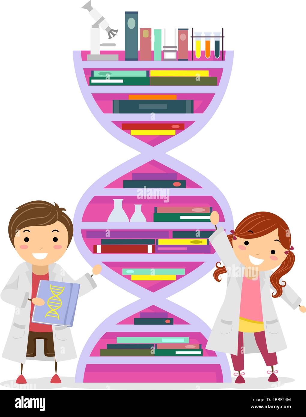 Illustration of Stickman Kids Wearing Lab Gowns and Showing DNA Shaped Bookshelf Full of Books and Chemistry Items Like Flasks, Test Tubes and Microsc Stock Photo