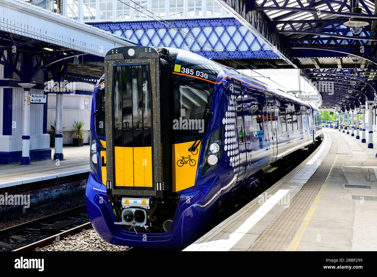 A ScotRail train arriving at the train station in Stirling, Scotland Stock Photo