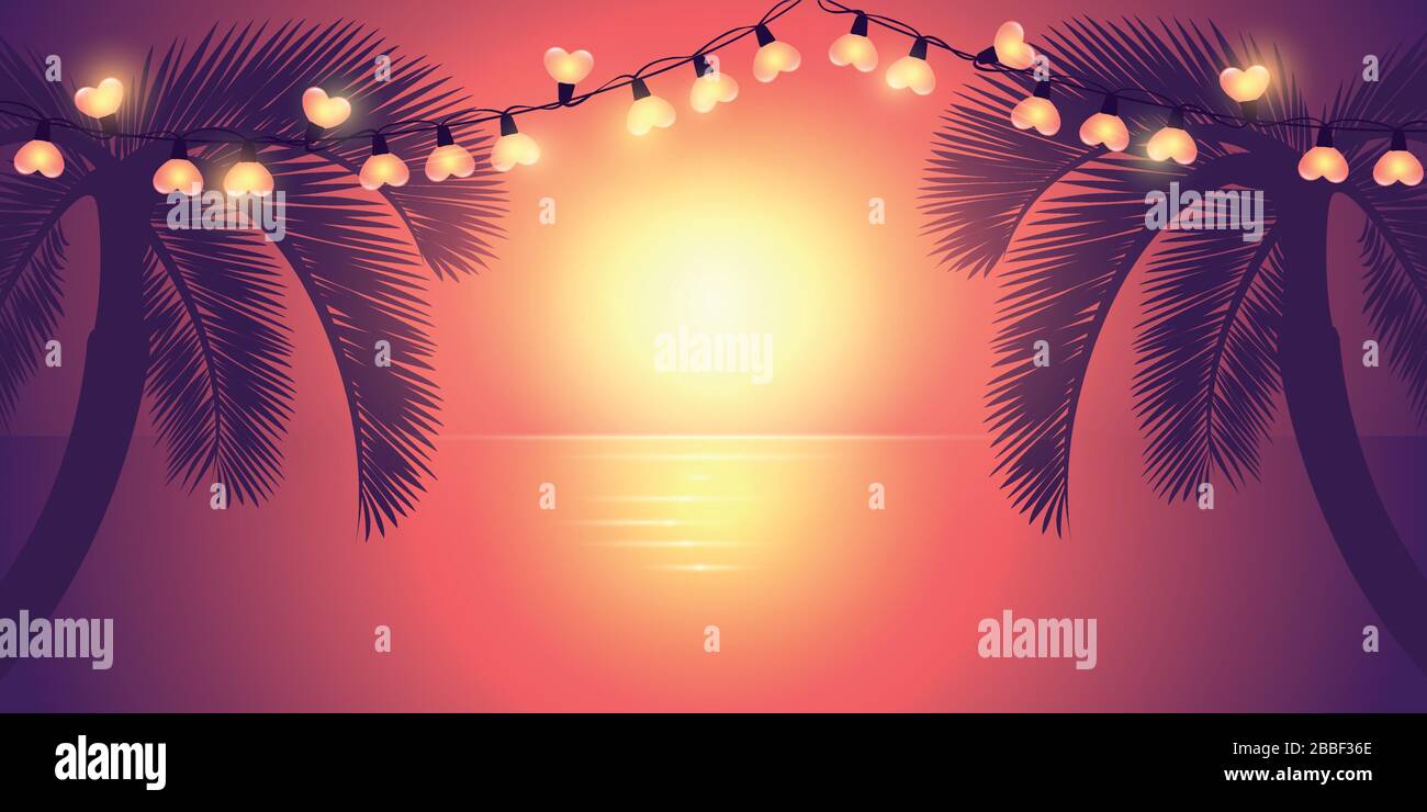 romantic summer night by the sea with palm tree and fairy light vector illustration EPS10 Stock Vector