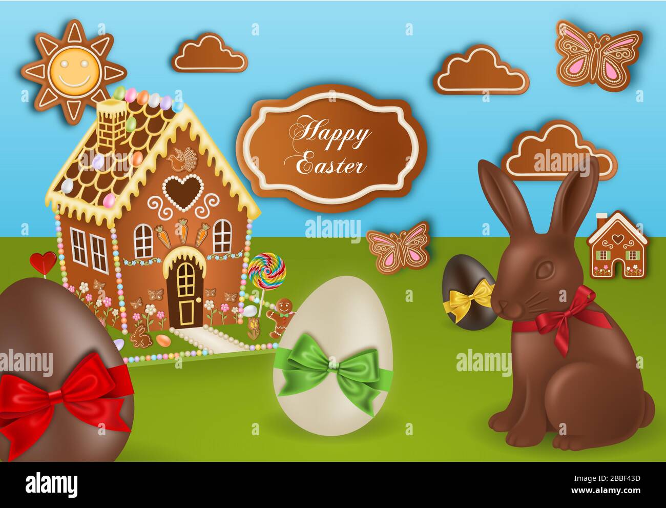 easter background with gingerbreads, chocolate rabbit and eggs Stock