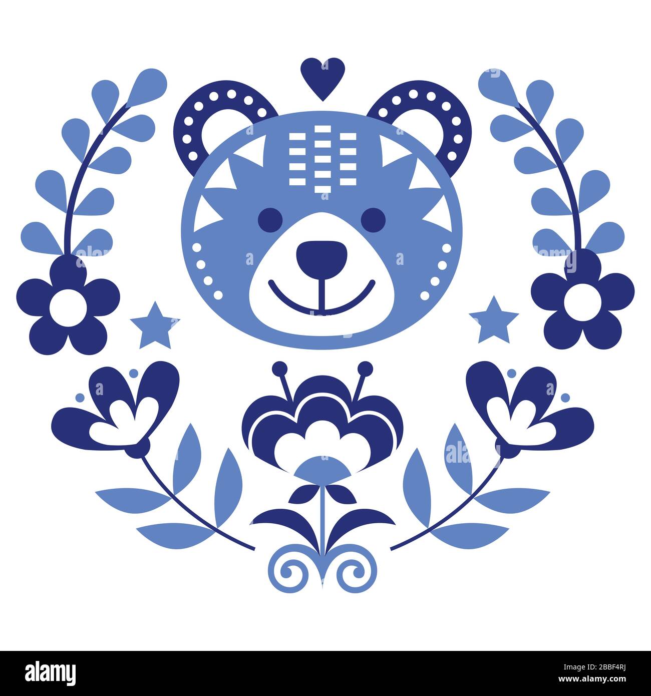 Scandinavian bear folk art vector round pattern with flowers and wreath, Nordic floral greeting card or invitation inspired by traditional embroidery Stock Vector