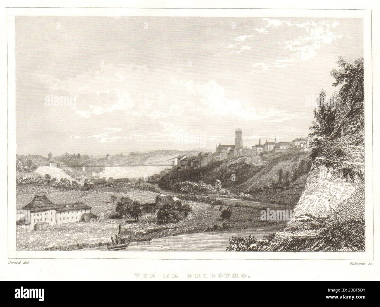 Vue de Fribourg. View of the city of Friburg. Freiburg Friburgo Switzerland 1837 Stock Photo