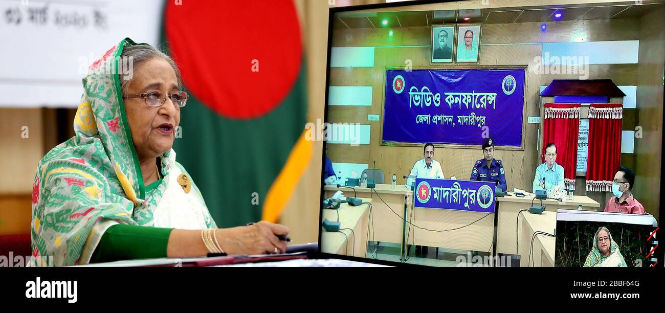 (200331) -- DHAKA, March 31, 2020 (Xinhua) -- Bangladeshi Prime Minister Sheikh Hasina speaks at a video conference from her office in Dhaka, Bangladesh on March 31, 2020. Bangladeshi Prime Minister Sheikh Hasina on Tuesday said the government will extend the ongoing shutdown to manage the spread of COVID-19. She announced the government's plan while holding a video conference with senior government officials at the country's 64 districts. (PID/Handout via Xinhua) Stock Photo