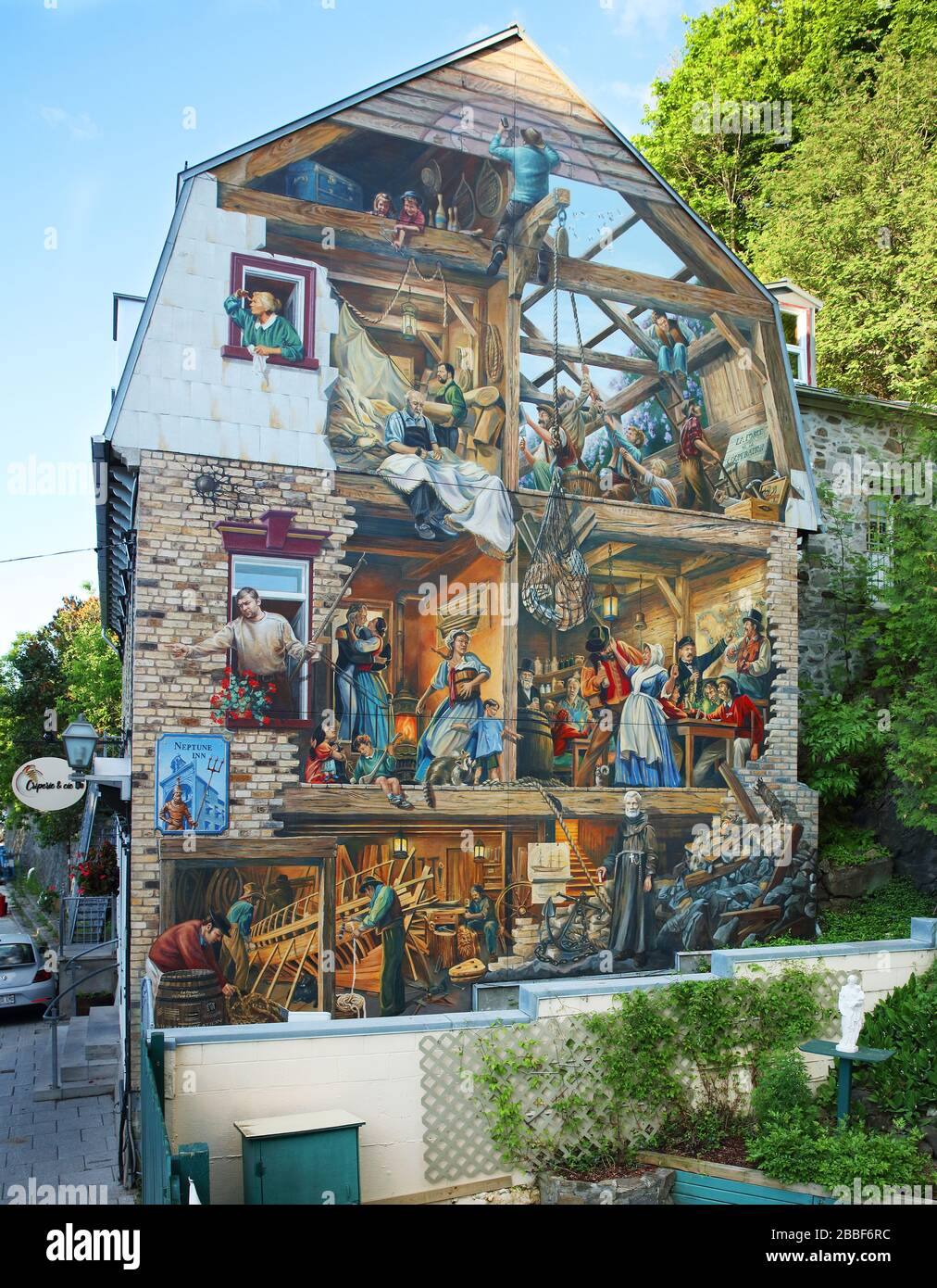 Trompe-l'oeil mural entitled 'Fresque du Petit-Champlain' at 102 rue du Petit-Champlain in Quartier du Petit-Champlain, Lower Town, Old Quebec City, Province of Quebec, Canada. Design by Murale Creation. Stock Photo