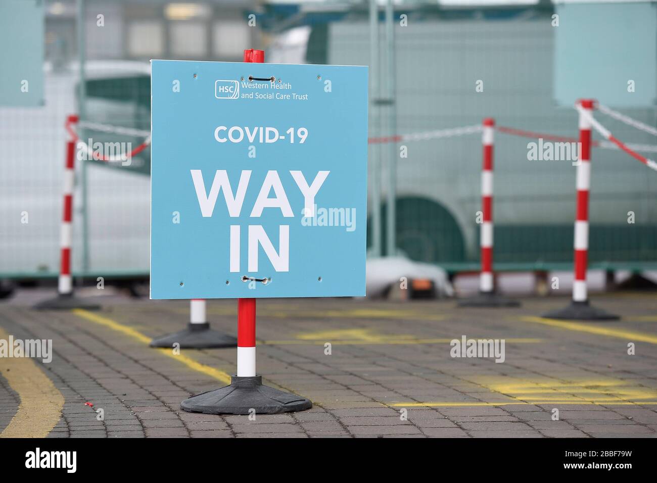 Signs directing visitors at the Covid-19 Centre at Altnagelvin Hospital, Londonderry, as the UK continues in lockdown to help curb the spread of the coronavirus. Stock Photo