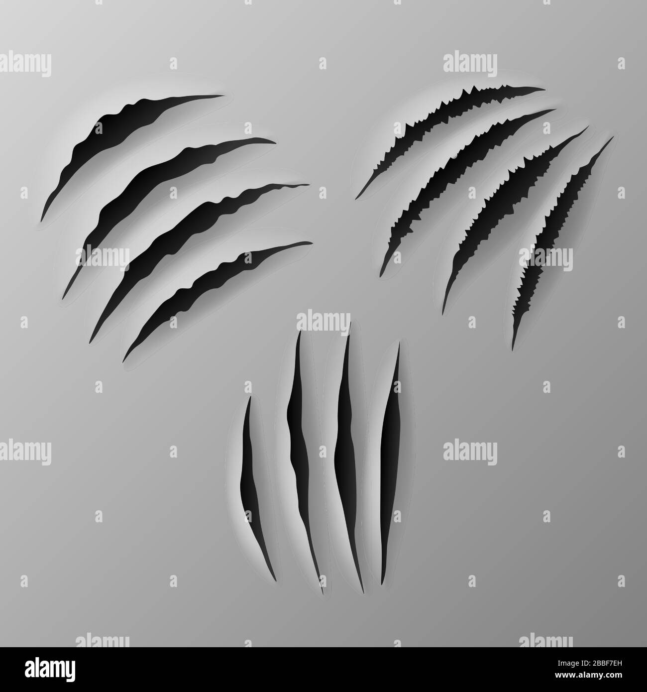 Set of scratches - Realistic torn grey paper with four claws scratches with jagged edges in sheet, Wild animal paw scratches, vector illustration. Stock Vector