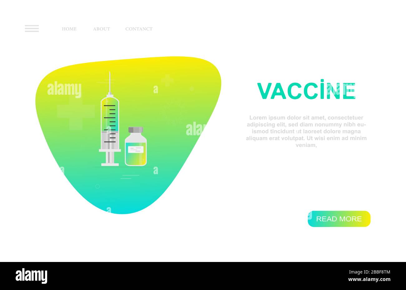 Vaccine, website landing page template concept. Vector illustration with syringe and vial. Stock Vector