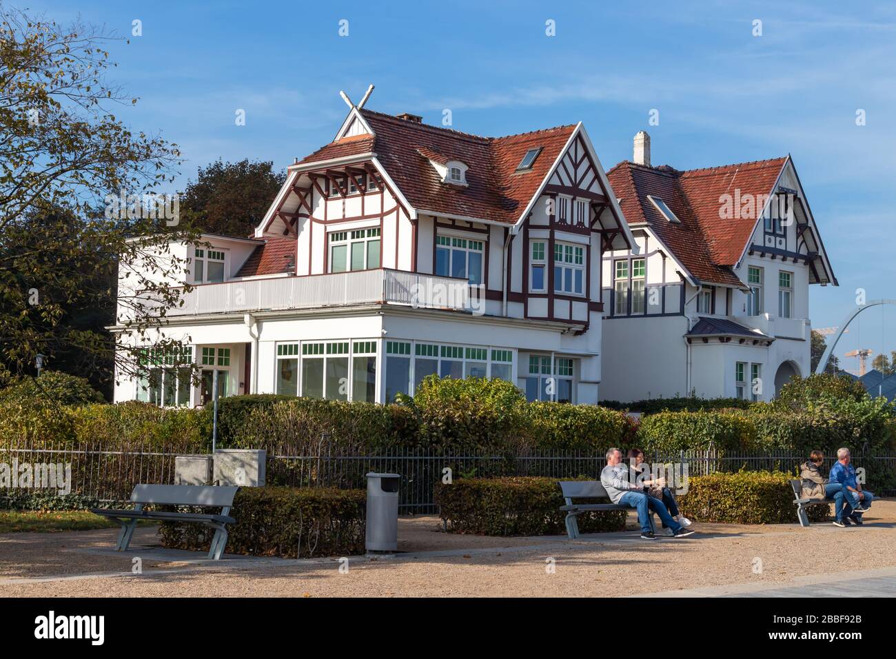 Lübeck-Travemünde, Germany – October 10, 2018: Historic buildings on the beach promenade of Travemünde. A tourist magnet for Baltic Sea vacationers. H Stock Photo