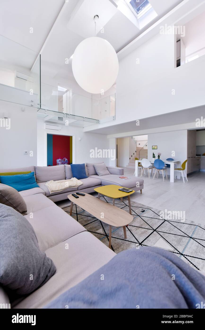 Interior Of A Luxury Stylish Modern Open Space Design Two Level Apartment With White Walls Stock Photo Alamy
