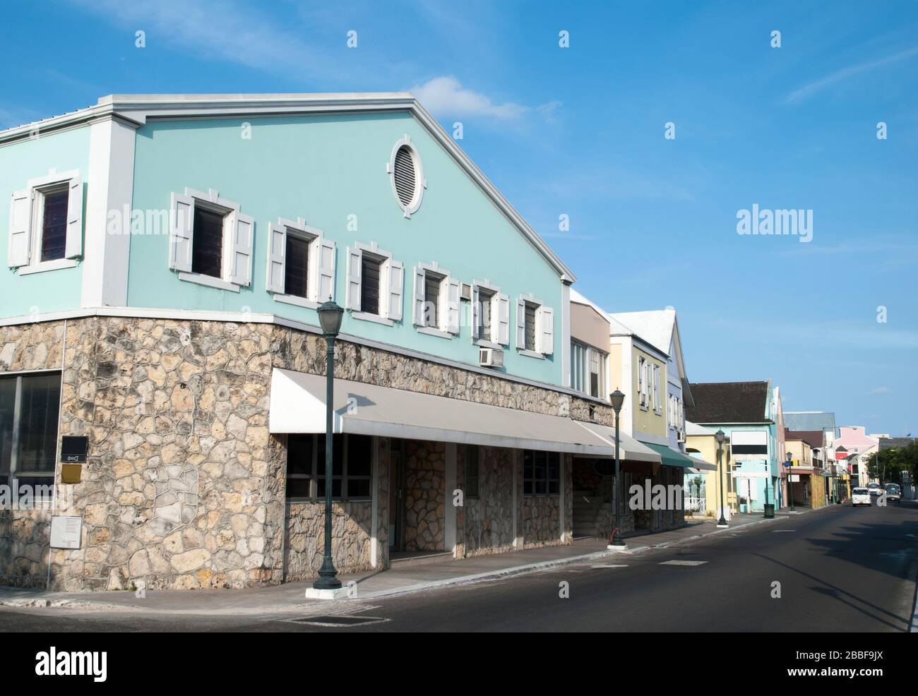 The morning view of Bay Street, the main street in Nassau city (Bahamas