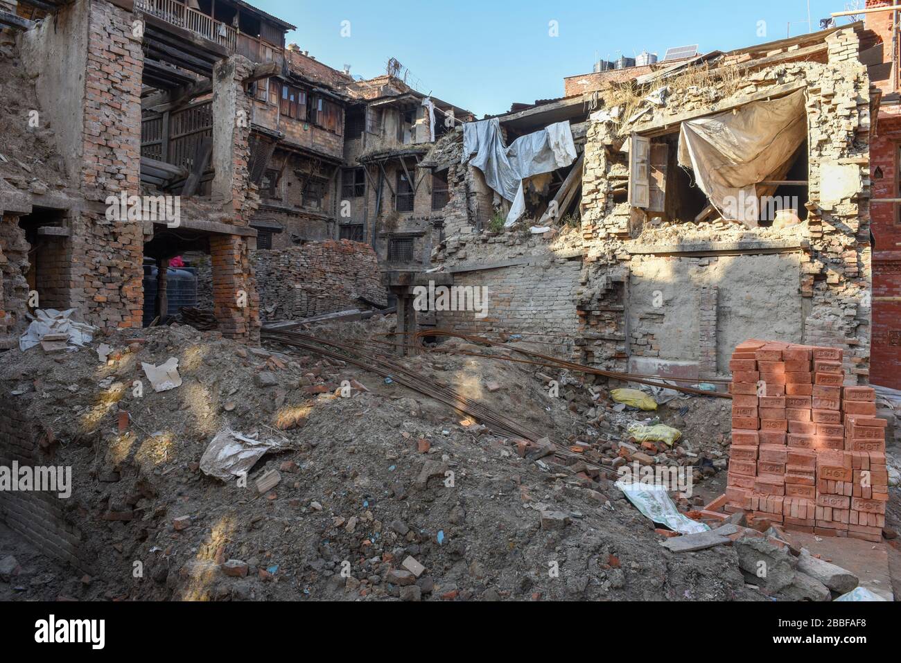 Houses damaged by the earthquake at Bhaktapur in Nepal Stock Photo