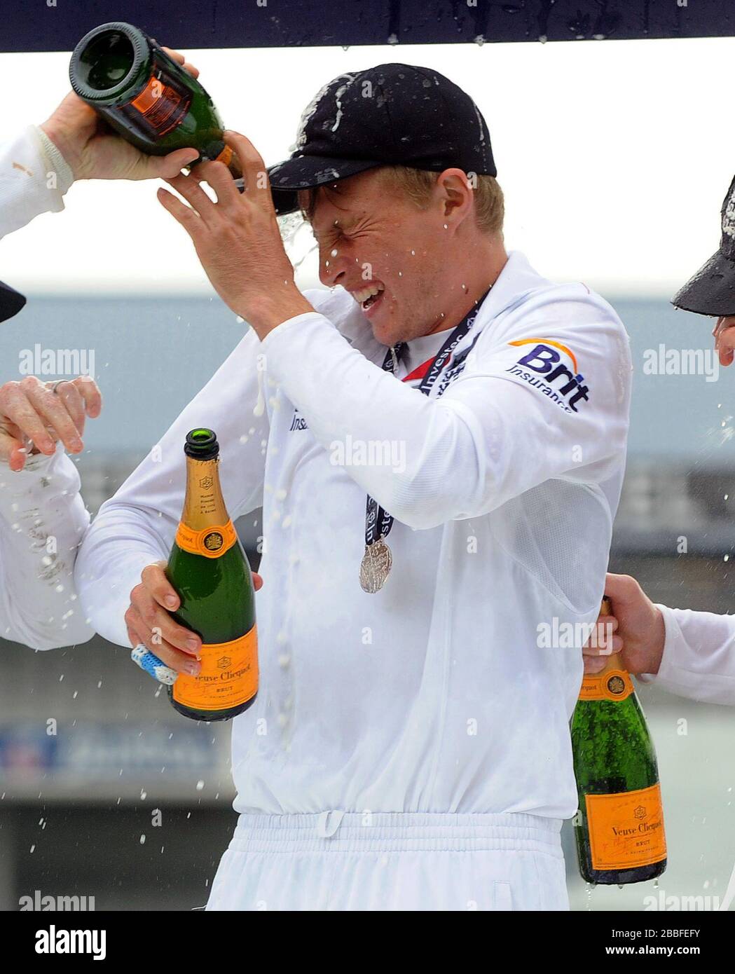 England S Joe Root Gets Covered In Champagne After Winning Against New Zealand During The Second Investec Test Match At Headingley Leeds Stock Photo Alamy