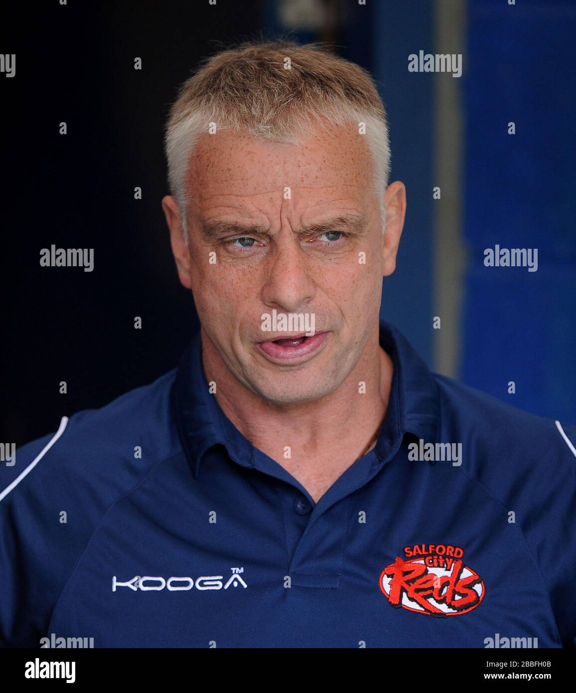 Salford City Reds' Head Coach Brian Noble before the game against Warrington Wolves' Stock Photo