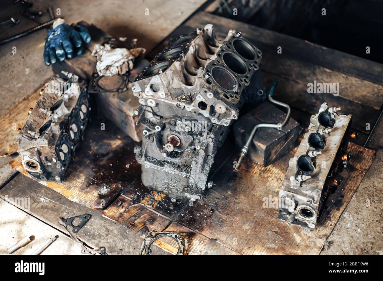 dirty auto engine in garage Stock Photo - Alamy