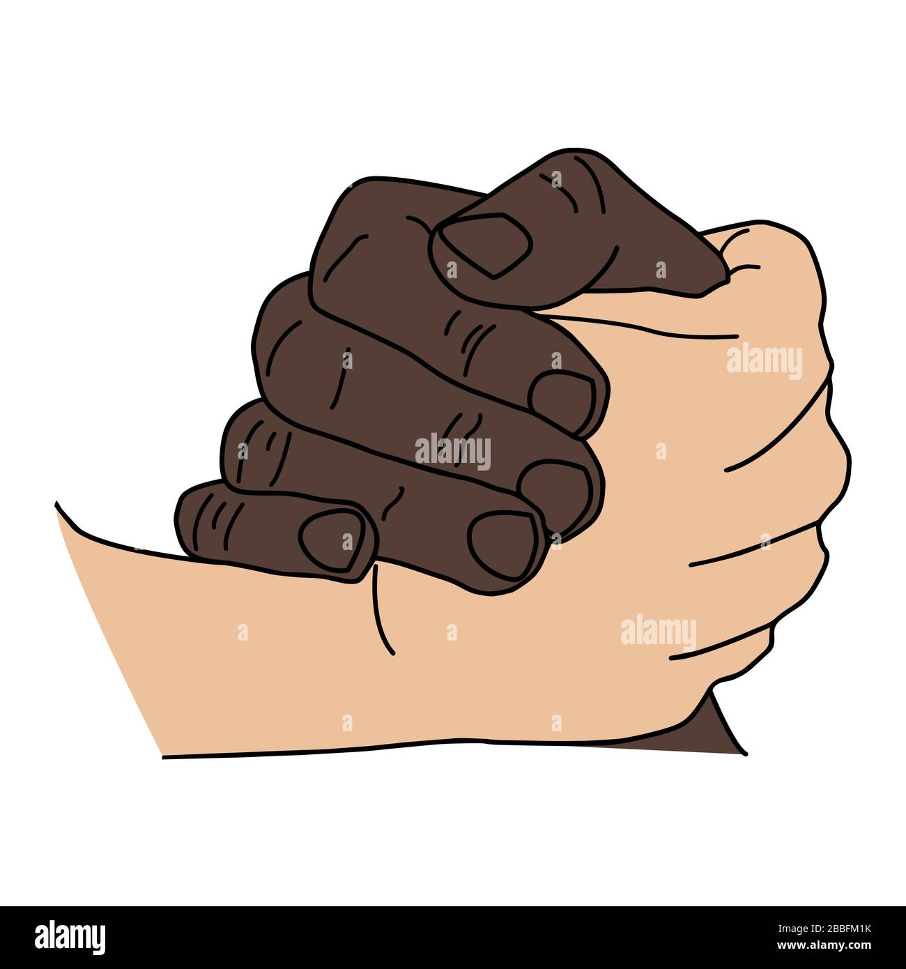Multiracial holding hands, peace, friendship concept between multi ethnic people. Handshake gesture, white caucasian and black african american hand. Stock Vector