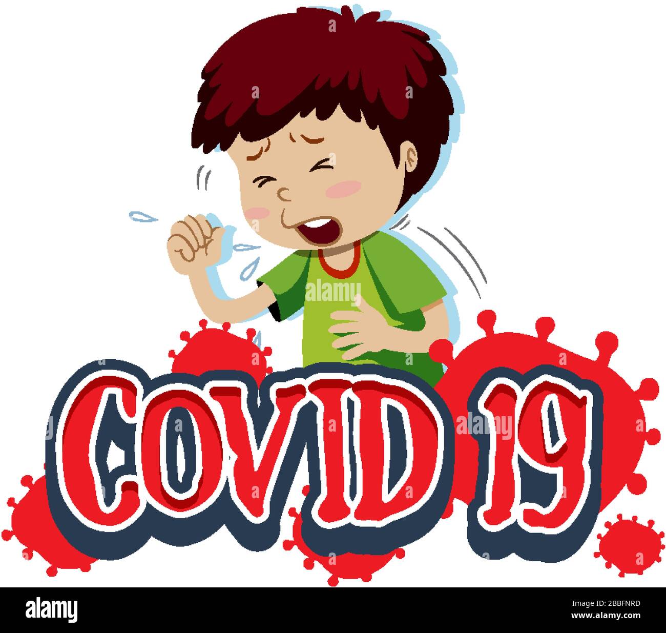 Covid 19 sign template with boy coughing illustration Stock Vector