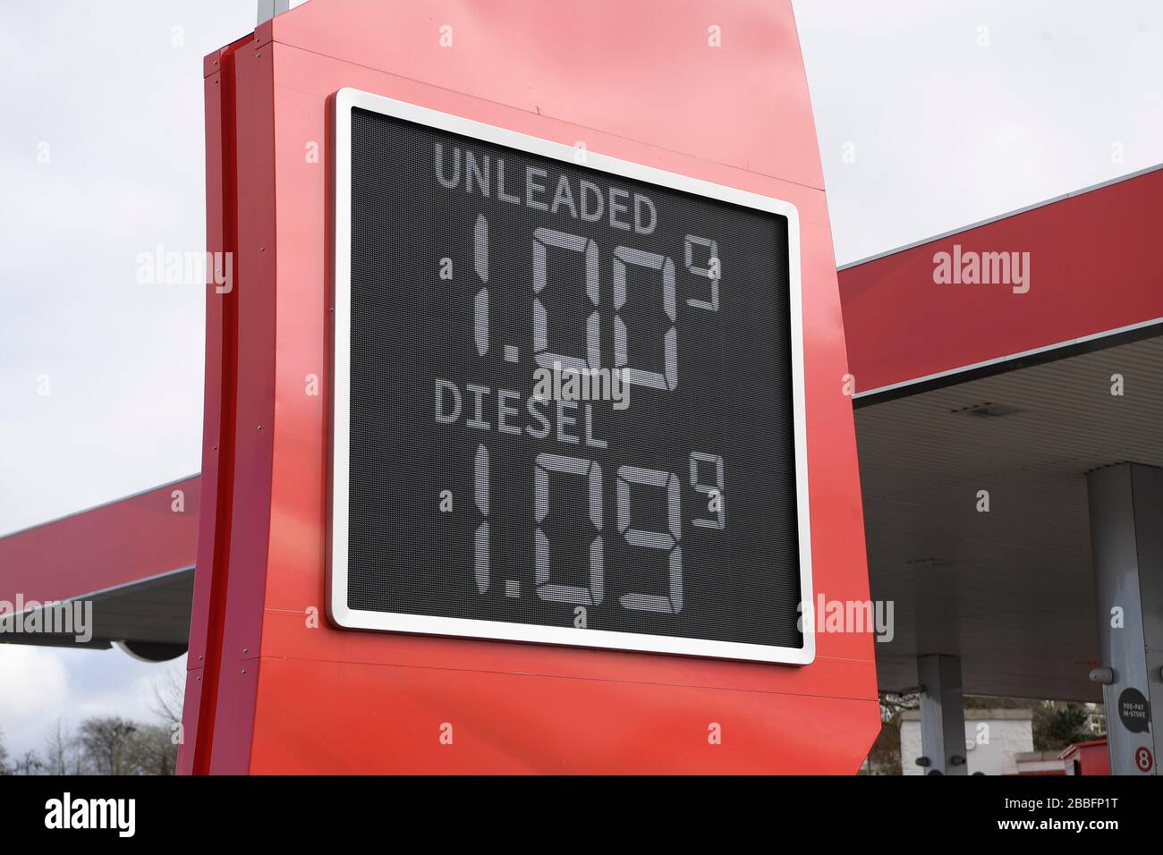 The price of petrol displayed at a fraction of a penny over £1/litre at