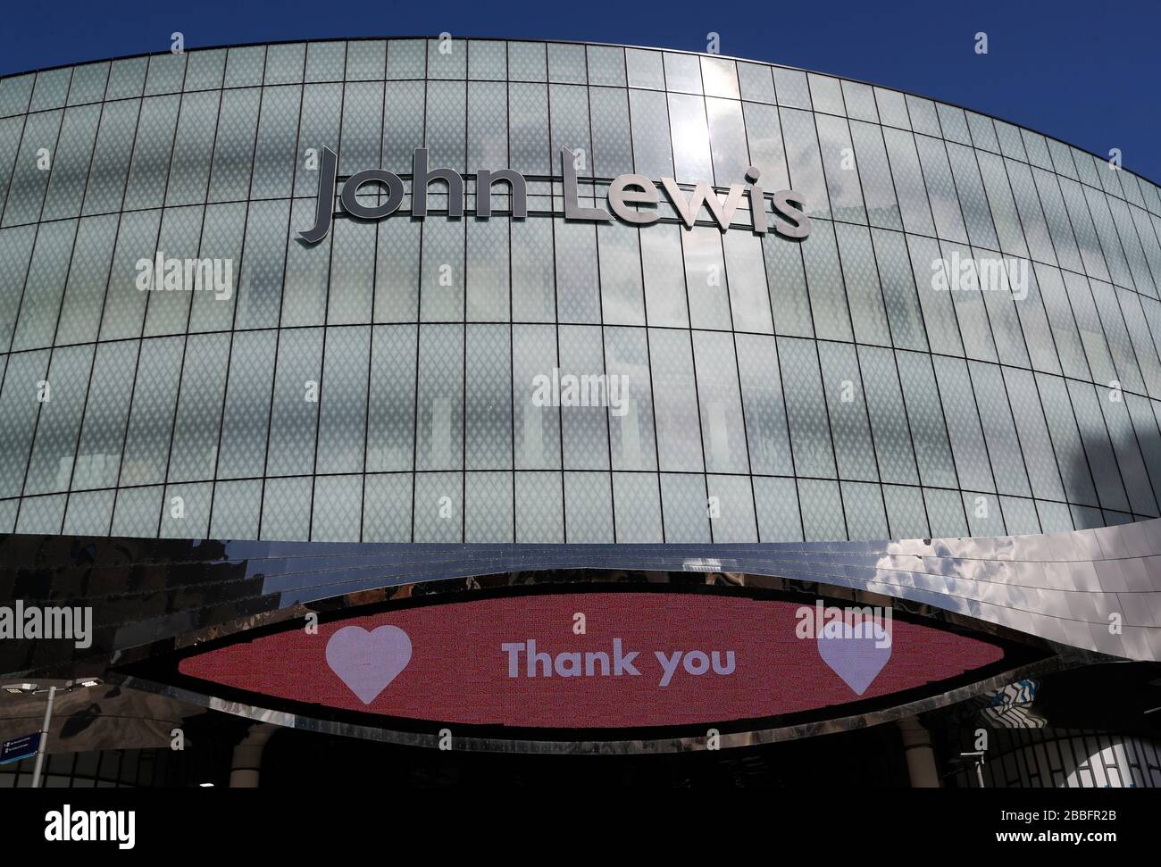 Birmingham, West Midlands, UK. 31st March 2020.  A screen on John Lewis thanks the NHS in Birmingham city centre during the Coronavirus pandemic lockdown. Credit Darren Staples/Alamy Live News. Stock Photo