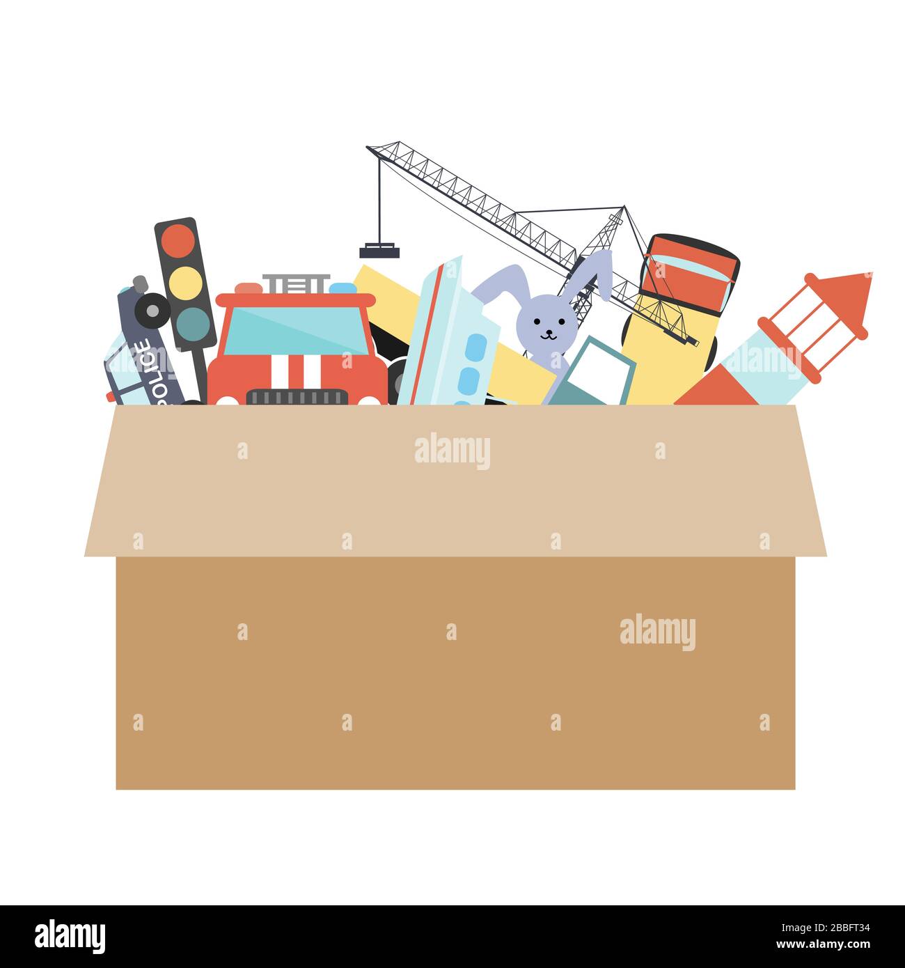 Cardboard box with kids toys on a white background. Vector illustration. Room organization or charity concept Stock Vector