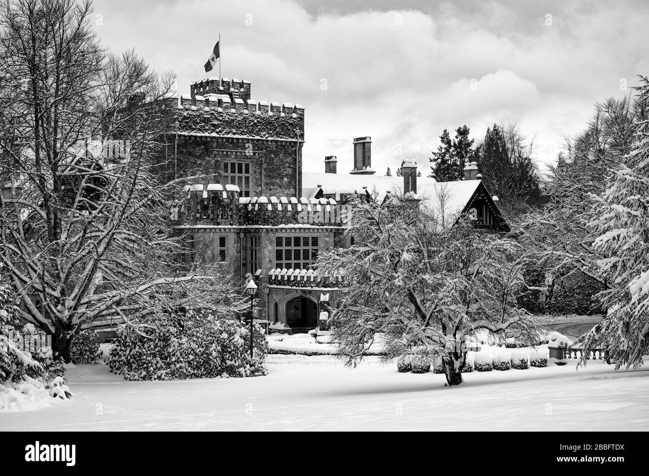 Winter at Hatley Castle, Royal Roads University, Victoria, BC, Canada Stock Photo