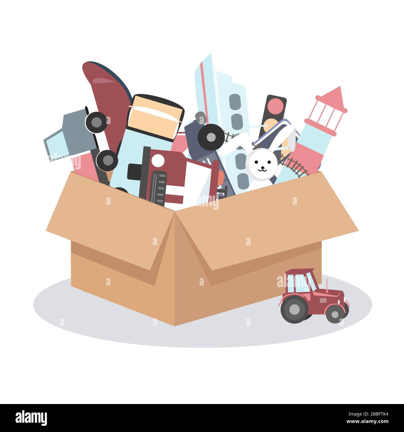 Cardboard box with kids toys on a white background. Vector illustration. Room organization or charity concept Stock Vector