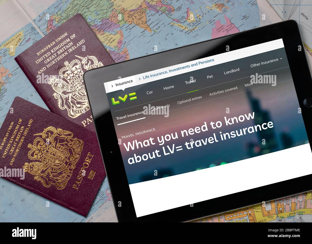 Liverpool Victoria LV Travel insurance website on an iPad or tablet. (editorial use only) Stock Photo