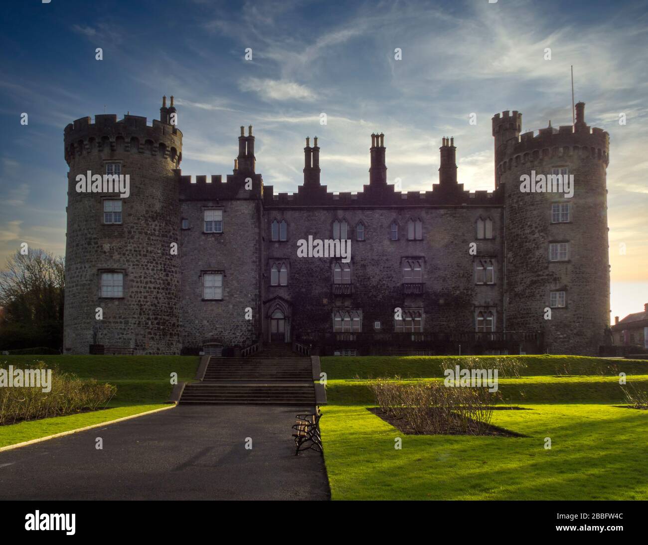View of the west side of magnificent Kilkenny Castle in Ireland. Stock Photo