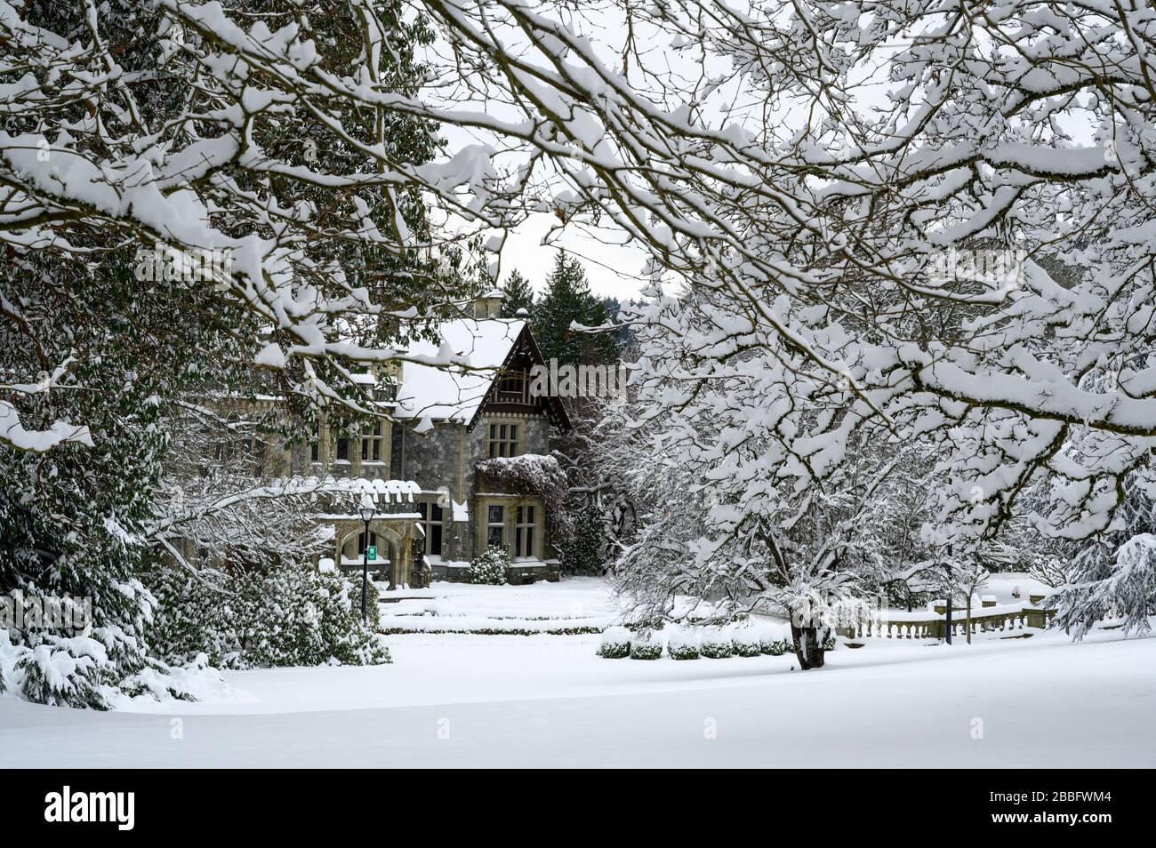 Winter at Hatley Castle, Royal Roads University, Victoria, BC, Canada Stock Photo