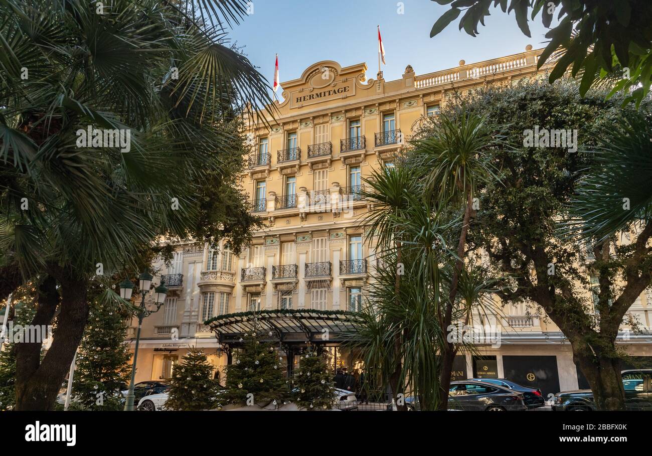 Monaco, MonteCarlo, 25 December 2019 The famous Hermitage hotel at sunset, sunny day, luxury