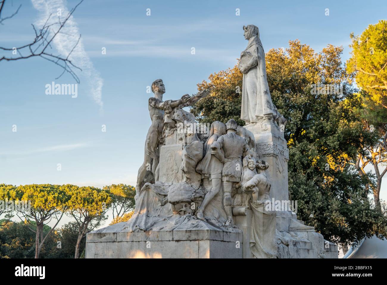 Arezzo, Tuscany, Italy - December 2019: Monument to Francesco Petrarca on the lawn walk inside of Public park Arezzo. Built in 1928, it is the largest marble complex dedicated to Francesco Petrarca Stock Photo