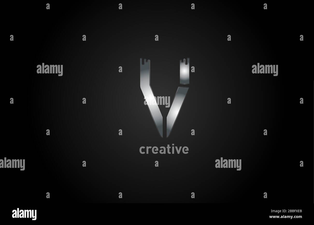 V silver metal alphabet letter logo design icon for business and ...