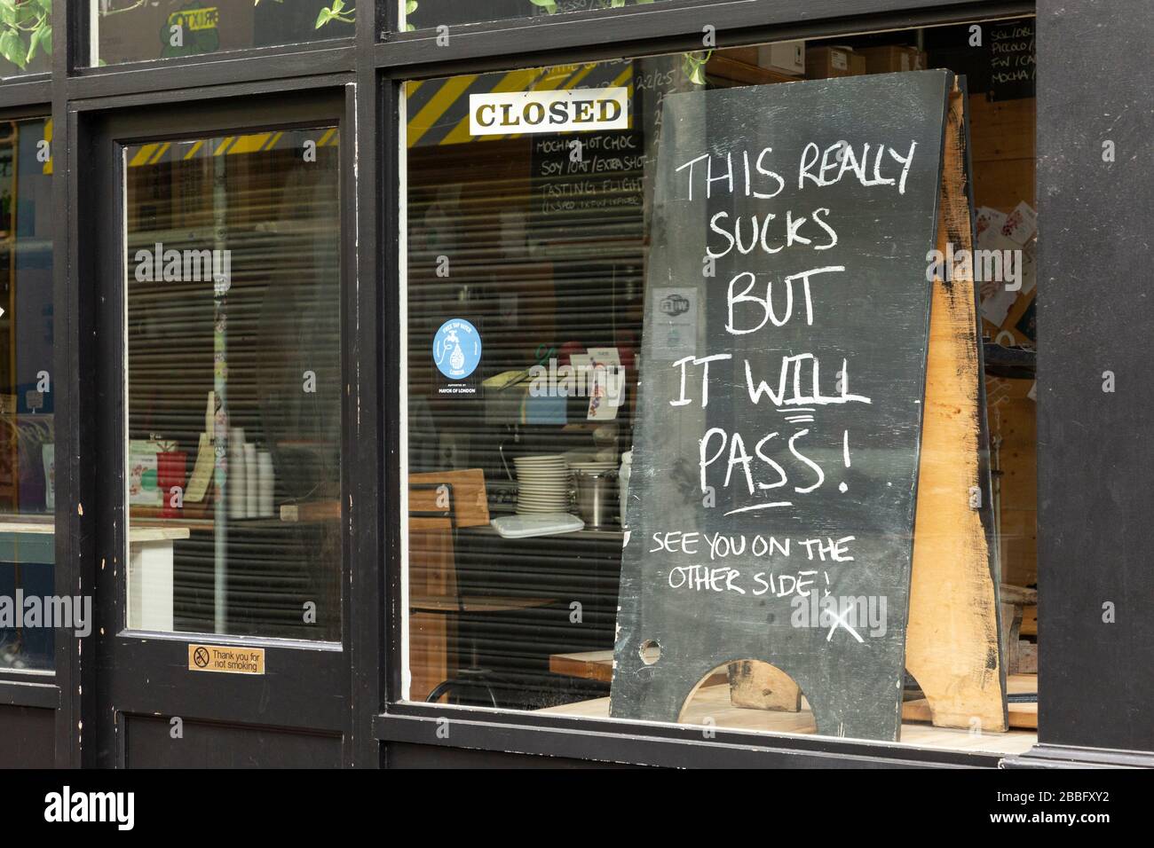 Federation Coffee in Brixton Village closed during the London lockdown due to the spread of Covid-19. Taken on 31 March 2020 Stock Photo