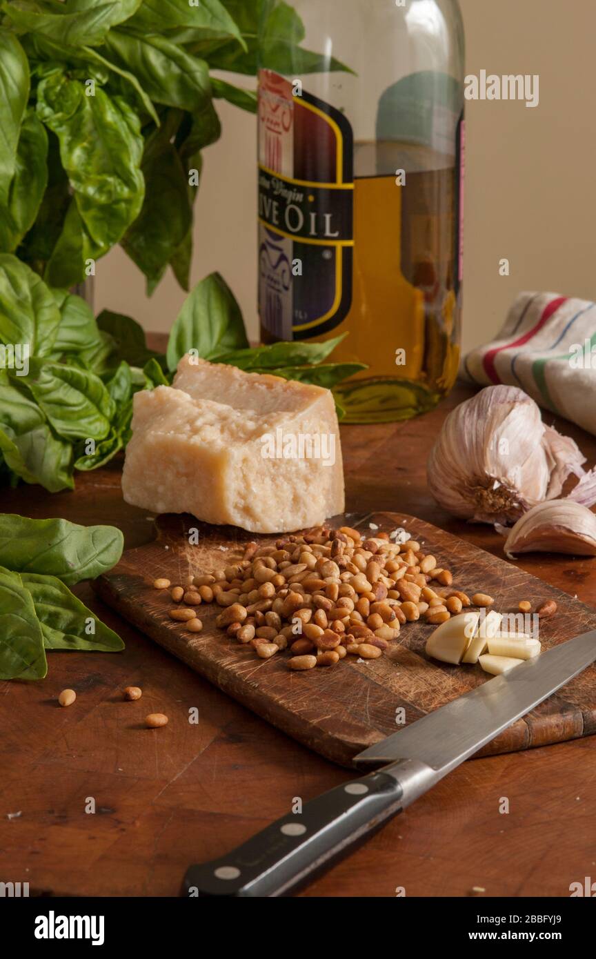 Ingredients assembled for making pesto Stock Photo Alamy